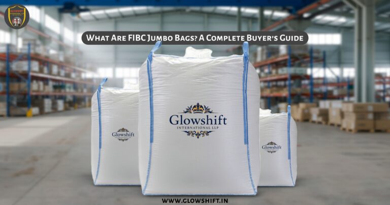 Three large FIBC jumbo bags with Glowshift International LLP logo displayed in a warehouse setting, representing bulk packaging solutions for industrial and export use.